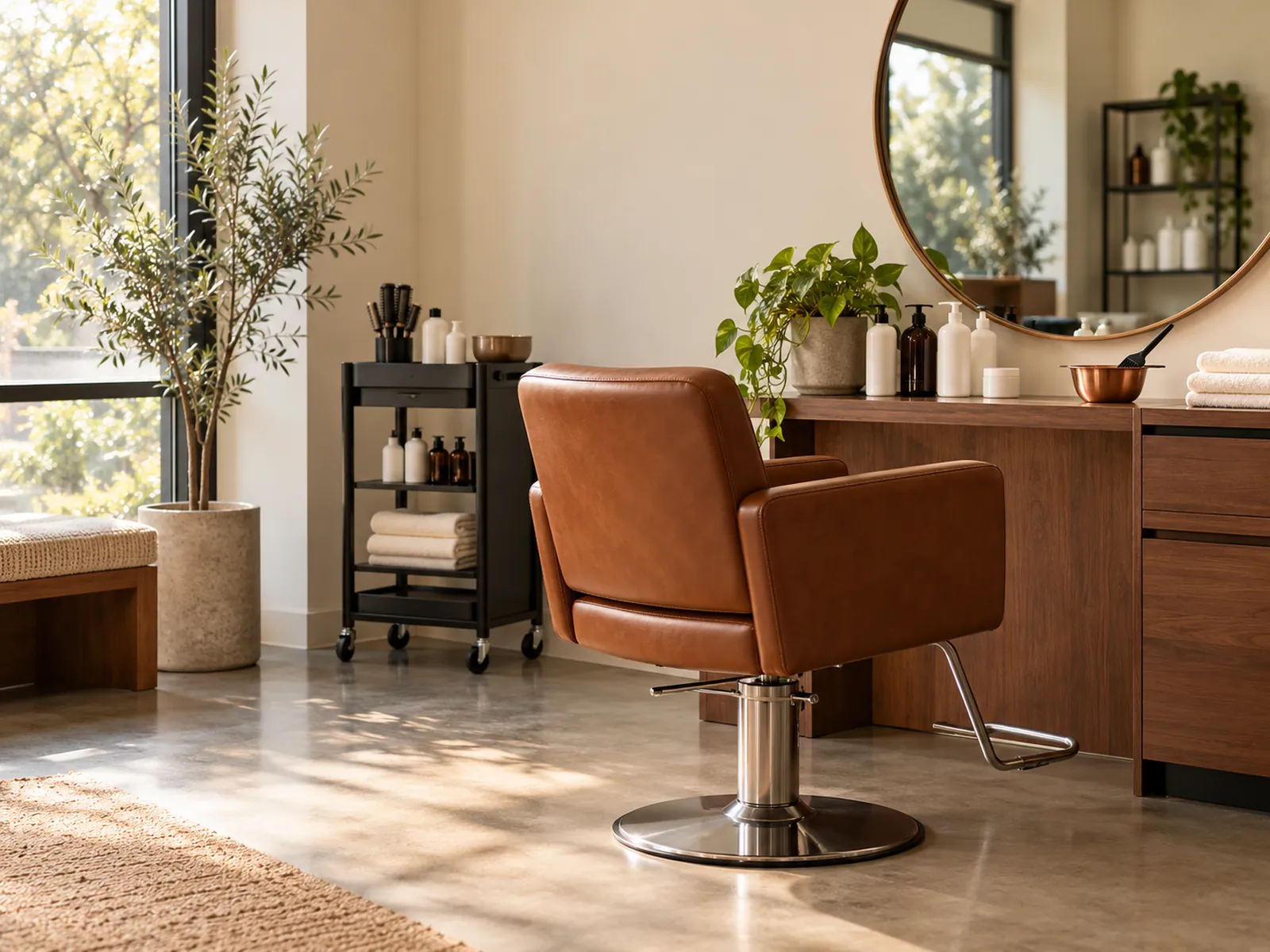 A sunlit salon suite with a cognac leather styling chair, a round mirror, and supplies within reach.