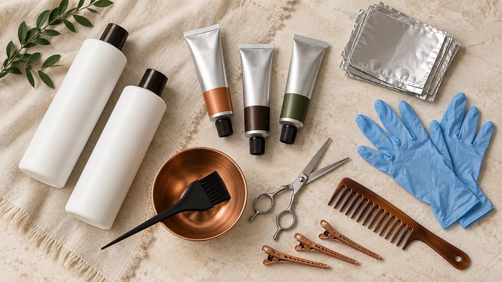 Salon supplies on a cream surface: developer bottles, color tubes, foil, gloves, and shears.