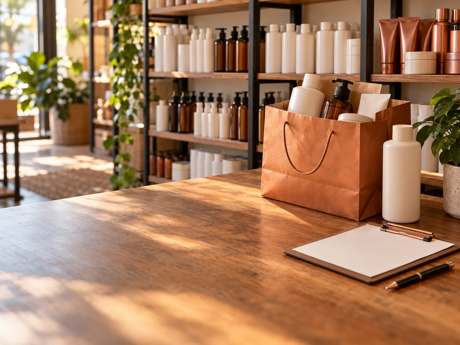 A packed order in a copper bag beside a checklist on a beauty-supply store counter.